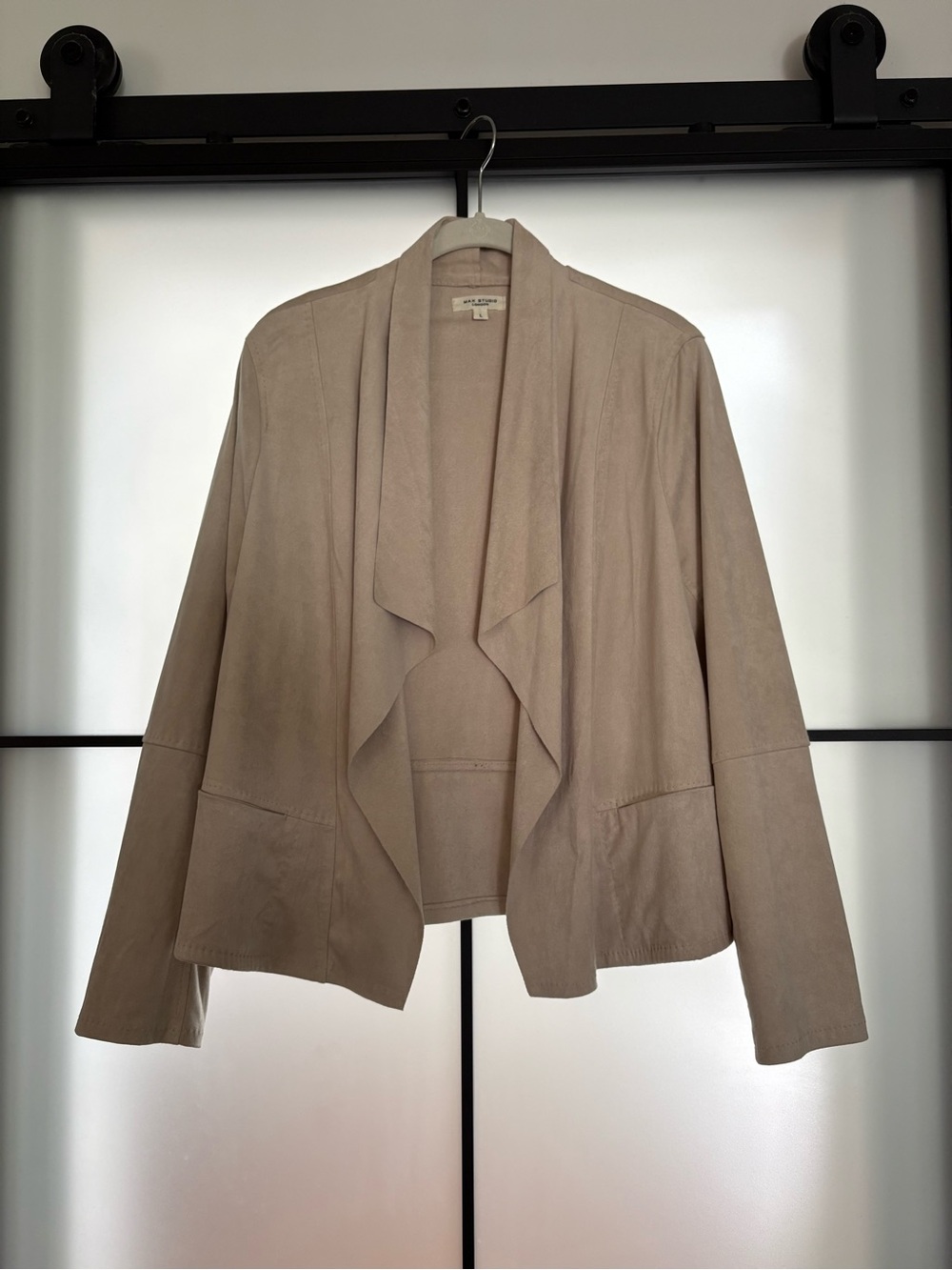 Max Studio Taupe Draped Open-Front Faux Suede Jacket